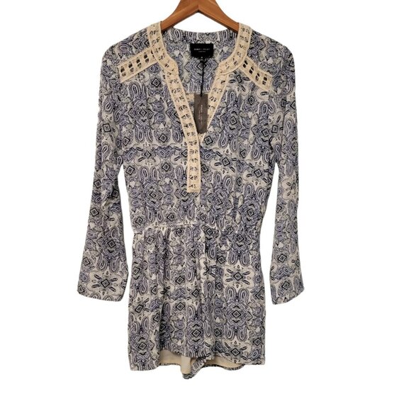 Romeo & Juliet Romper Couture‎ Blue Ivory Paisley Roll Tab Sleeve Medium NEW NWT - Picture 1 of 11